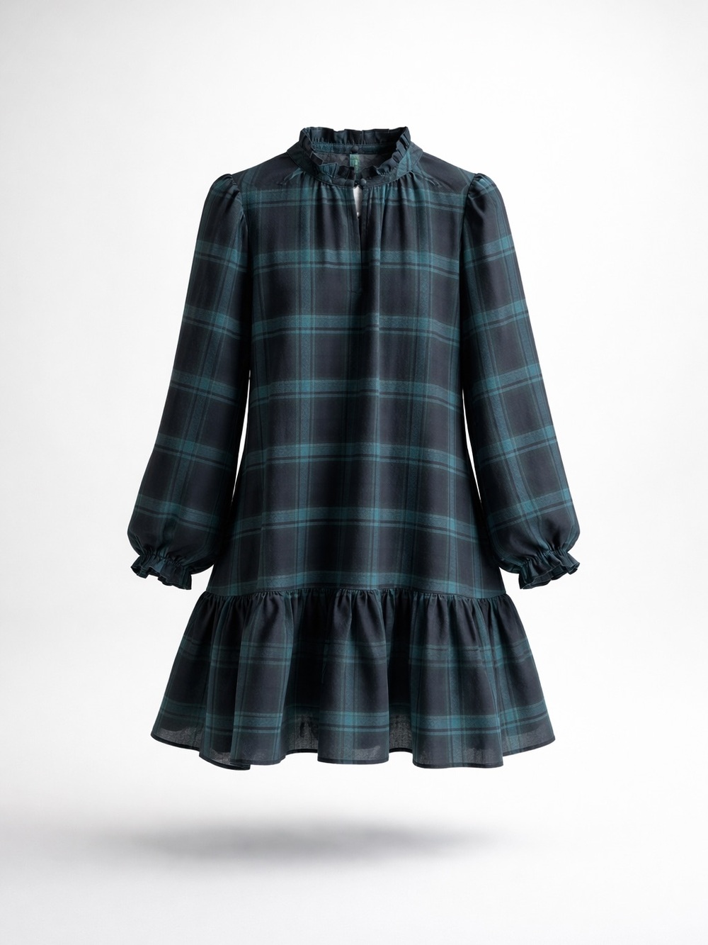 J. Crew Teal and Black Plaid Ruffle Shift Dress